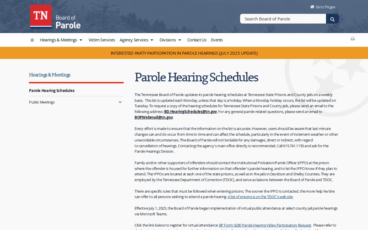 Davidson County parole hearing release schedule